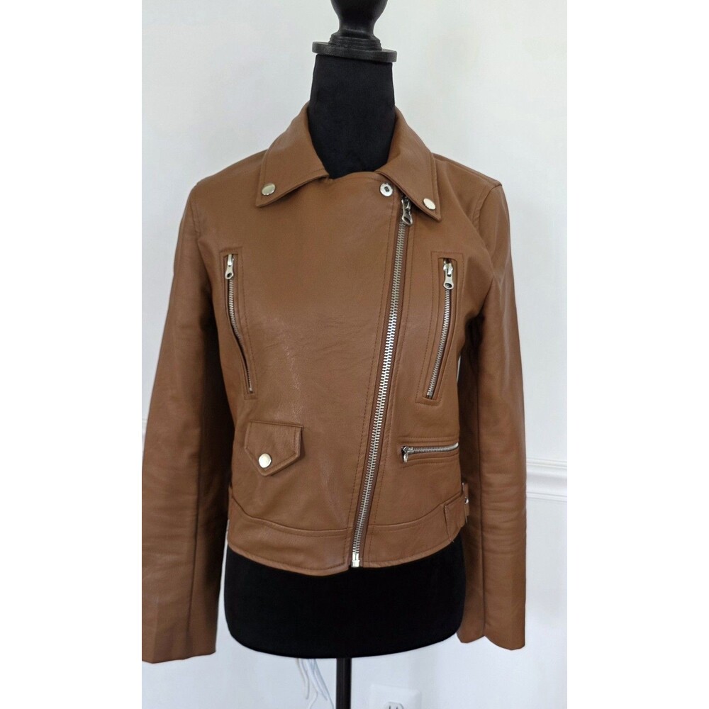 Love Tree Womens Small Cognac Faux Leather Moto Biker Jacket Brown Zip